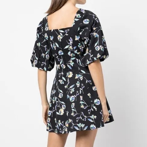 Nicholas Lydia Dress Black Floral Puff Sleeve Mini Pockets Buttons Size 8 - Picture 4 of 16